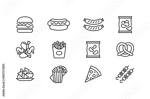 Burger, hot dog, grilled sausage, fried chicken pieces, french fries box, potato chips bag, nachos plate, popcorn bucket, pretzel,