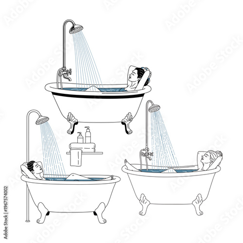 Bathroom Shower and Bathtub Plumbing Line Art Collection

