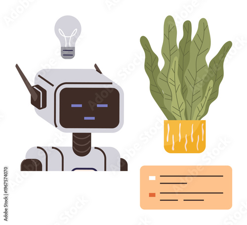 Innovation, technology, green energy, artificial intelligence, eco-friendliness, sustainable ideas. Robot head with a light bulb, a plant and a checklist. Innovation and technology concept