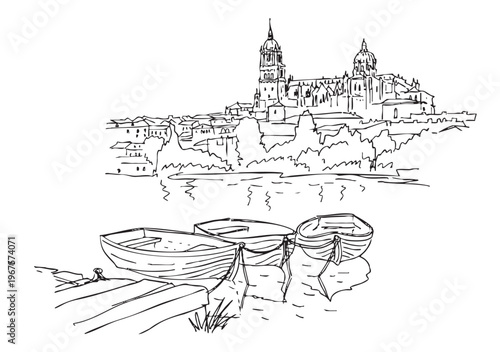 Salamanca Cathedral View from Tormes River - Authentic Hand-Drawn Sketch