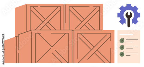 Logistics, inventory management, shipping, organization, tools, planning. Wooden crates stacked, gear icon with a wrench and a checklist. Logistics and inventory management concept