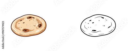 Cartoon naan flatbread illustration in colored and black line art styles beige and brown tones stylized bakery product for food design isolated on white background