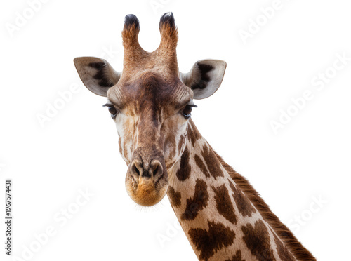 Canvas Print Isolated close-up portrait of a beautiful giraffe head looking directly at the c