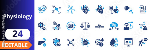 Physiology medical science flat icons set. cells biology, neurons network, heart circulation, blood transfusion, oxygen exchange, metabolism energy, immune system, health data