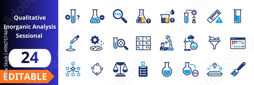 Qualitative inorganic analysis flat icons set. laboratory, chemistry, glassware, test tube, beaker, flask, reagent, microscope, filtration, titration, experiment, science