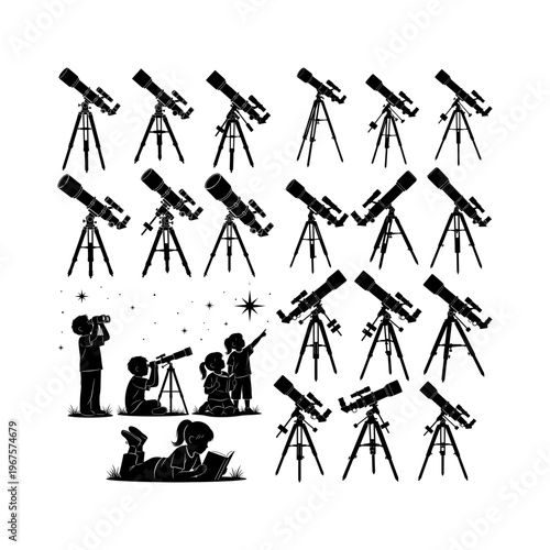 Astronomy and Stargazing Silhouette Collection with Telescopes

