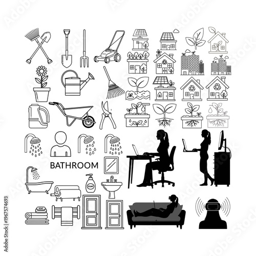 Bathroom Cleaning Tools and Hygiene Icon Set Line Art

