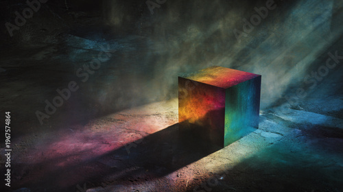 Colorful Cube Object Standing Alone In Dark Room With Dramatic Light Rays For Abstract Concepts