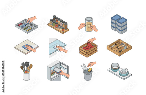 Illustrations of various kitchen organization and cleaning tasks for a tidy home