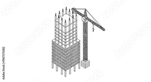 Architectural blueprint of a building under construction with a crane.