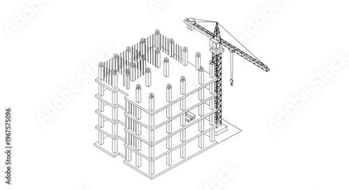 Architectural blueprint of a building under construction with a crane, illustrating urban development and engineering.