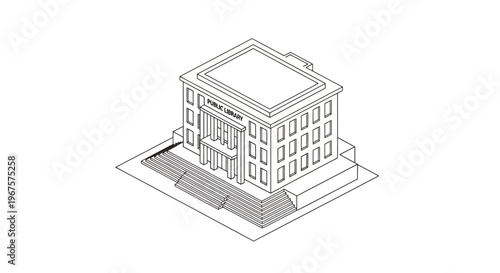Isometric Line Art Drawing of a Classical Bank Building with Columns.