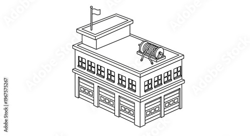 Isometric Line Art Drawing of a Fire Station Building.