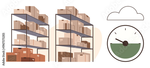 Ecommerce, logistics, inventory management, delivery services, time efficiency, fulfillment processes. Shelves filled with boxes alongside a timer and cloud symbol. Logistics and inventory management