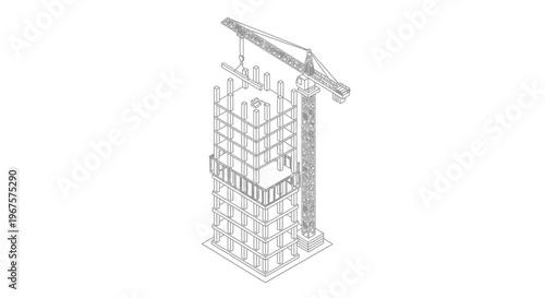 Isometric line art drawing of a building under construction with a crane.