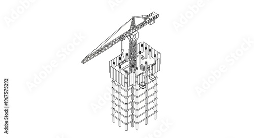 Isometric blueprint of a tower crane on a building under construction.
