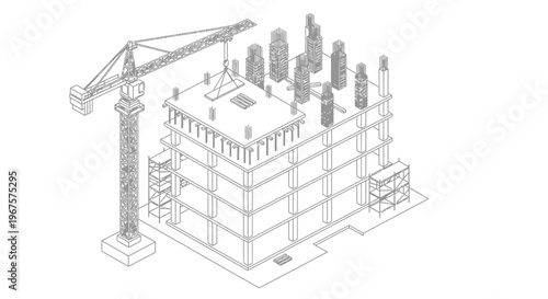 Isometric line art drawing of a building under construction with a crane.