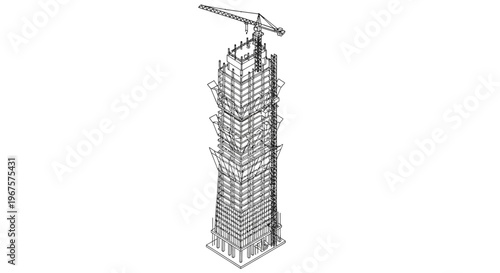 Modern skyscraper under construction with crane architectural line drawing.