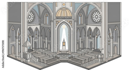 Ornate Gothic Cathedral Interior with Arches and Dome.