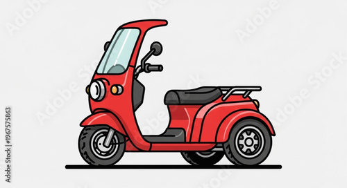 Red three-wheeled scooter parked on a white background.