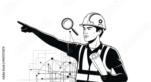 Construction worker pointing with blueprint and magnifying glass.