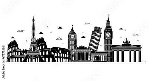 Famous European Landmarks Silhouette Collection.