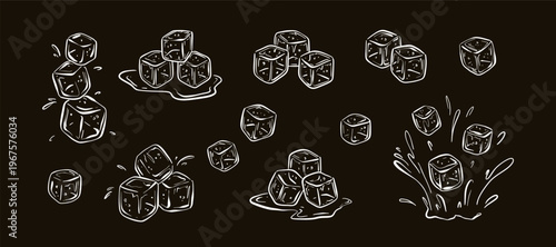 Ice cube hand drawn white chalk scribbles on the blackboard. Charcoal melting ice blocks drawing on the black chalkboard with drops, puddle, droplet, water splash. Cold coffee, whiskey background