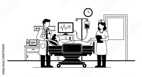 Doctor and nurse attending to patient in hospital bed with medical equipment.