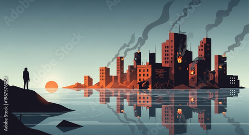 Lone person observes industrial city skyline at sunrise reflection.