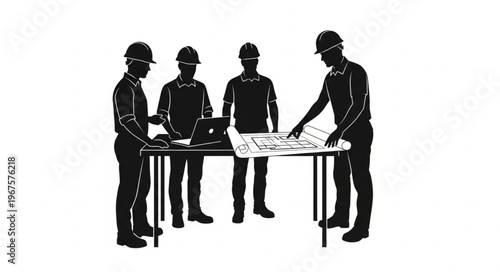 Construction workers collaborating on blueprints at a table.