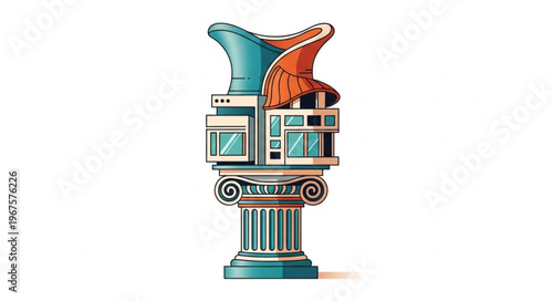 Abstract Sculpture of Buildings and Industrial Elements on Pedestal.