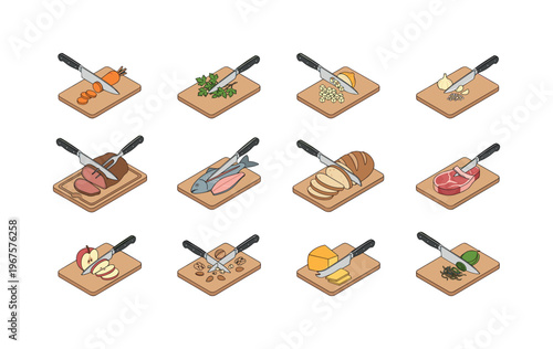 Collection of kitchen knife actions demonstrating food preparation techniques