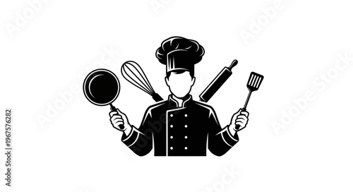 Chef holding cooking utensils in a stylized illustration.