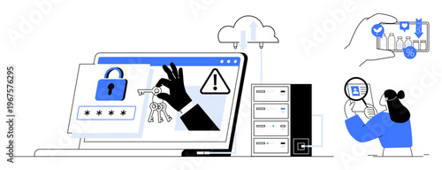 Cybersecurity concept. Cybersecurity visuals show password protection, keys, alerts, and cloud storage. Cybersecurity enhancing online security, safeguarding data, and preventing breaches. For IT