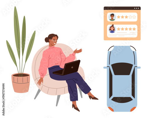 Ride-sharing, customer feedback, online services, mobile apps, remote work, transportation technology. Woman seated with laptop, car illustration and rating system displayed. Ride-sharing