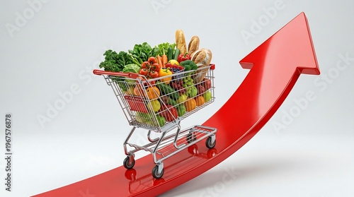 A shopping cart overflowing with groceries on an upward red arrow, illustrating rising food prices, inflation, and increased consumer spending in the retail market