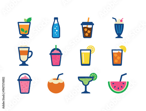 Collection of refreshing summer beverages and drinks in colorful icons
