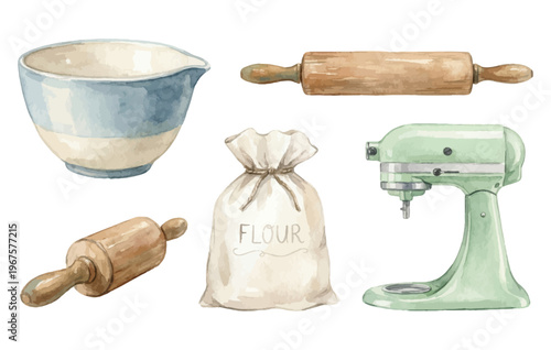 Baking ingredients and tools with a mixing bowl, flour, rolling pins, and a stand mixer