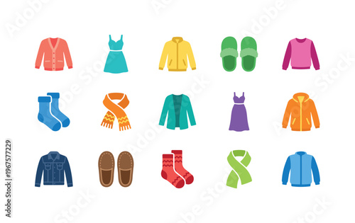 Collection of colorful clothing and footwear icons for fashion and style