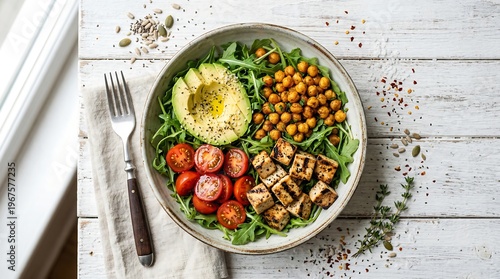 Vibrant and Nutritious Vegan Power Bowl Featuring Fresh Arugula, Golden Roasted Chickpeas, Grilled Tofu, Creamy Avocado, and Sweet Cherry Tomatoes – A Healthy Plant-Based Meal