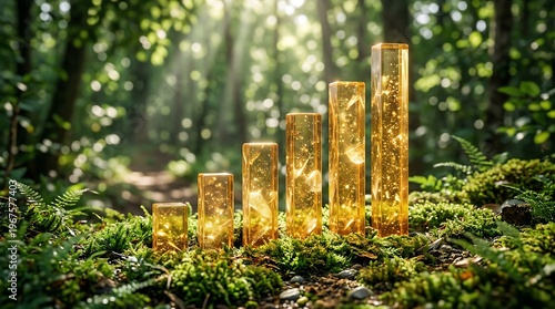 Golden, increasing growth bars nestled within a sun-drenched, vibrant forest, symbolizing sustainable progress, environmental investment, and the prosperity of nature