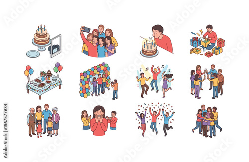 Festive photo moments including birthday cake photo, group selfie, blowing candles shot, gift opening photo, party table photo,