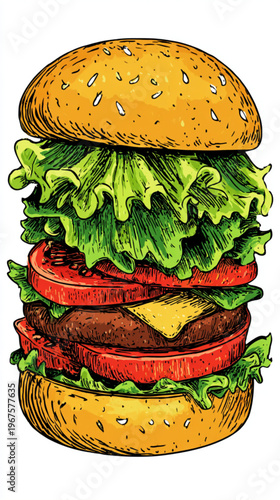 Delicious Double Decker Hamburger With Cheese Lettuce Tomato On Sesame Seed Bun For Food Concepts