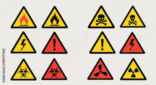 Mixed Set of Yellow and Red Triangle Hazard Warning Signs on Light Gray Background