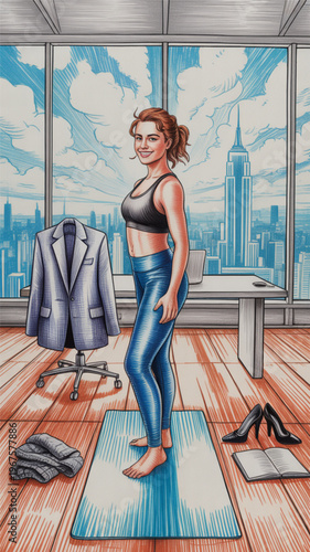 Young Woman in Yoga Pose on Office Floor with Business Attire and City View Background for Corporate Wellness Concepts