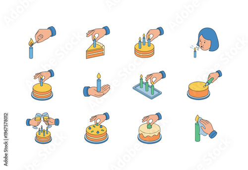 Candle usage actions including lighting candle, placing on cake, arranging candles, blowing candles, removing candles, holding