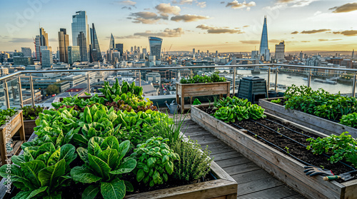 Professional 50mm lens shot of urban farming sustainability, showcasing vibrant green produce growing in containers on a high-rise rooftop with sharp focus.