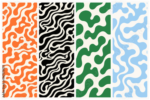 Retro organic liquid pattern set, psychedelic wavy line textures in orange green and blue, abstract fluid blob vector backgrounds, 4 seamless groovy wallpaper elements for modern branding