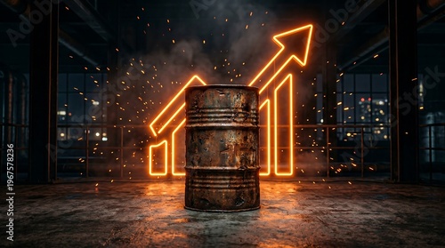 Visualization of rising crude oil prices and energy market growth, showing weathered barrel with neon upward graphs, symbolizing economic trends and industry