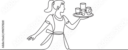 A waitress brings a tray of drinks to the customer. one line art icon drawing vector